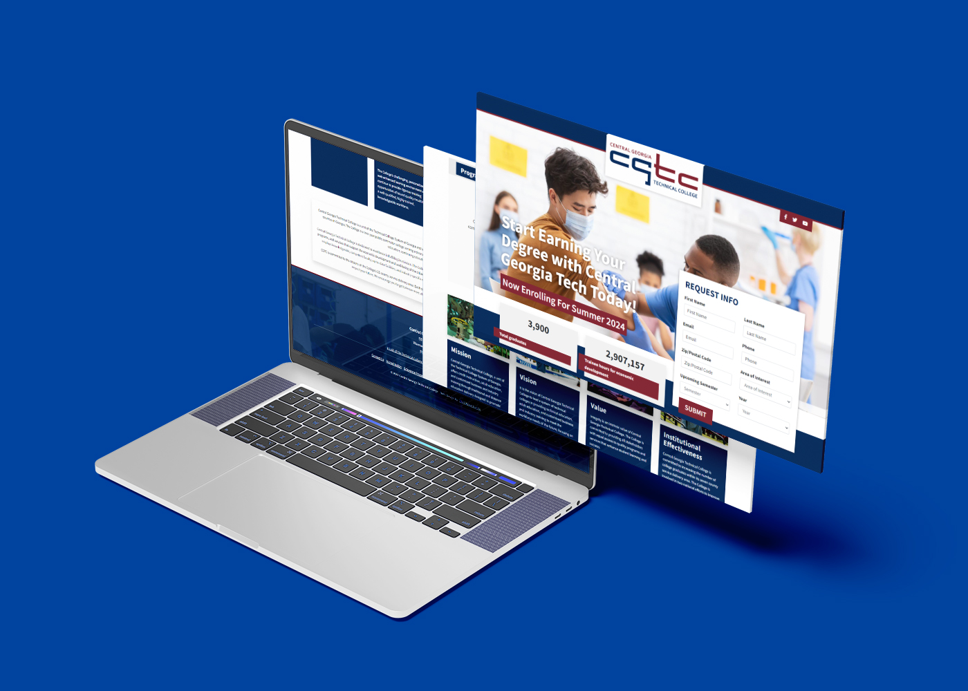 Laptop with multiple screens displaying Central Georgia Technical College information landing page